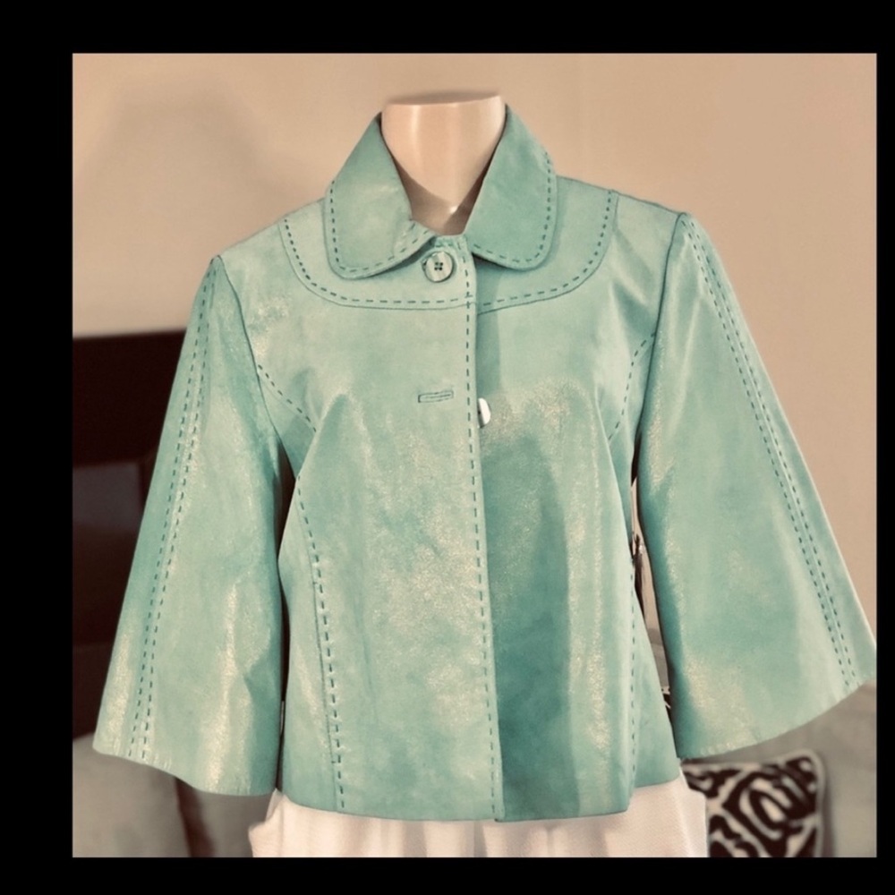 Saguaro Fairycore Green Leather Jacket with gold shimmer flecks - Picture 3 of 8